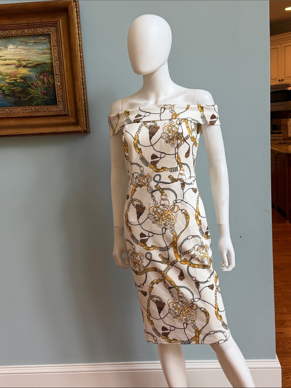 Off-Shoulder White and Gold Chain Print Sheath Dress